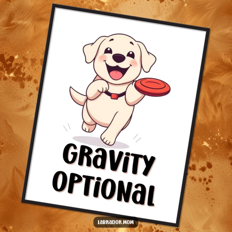 Funny Kawaii Labrador digital art print, a printable artwork of a happy dog with a grin chasing a frisbee, full of fun.