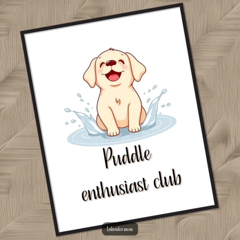 Funny Kawaii Labrador digital art print, a printable artwork of a happy dog joyfully splashing in a puddle, full of fun.