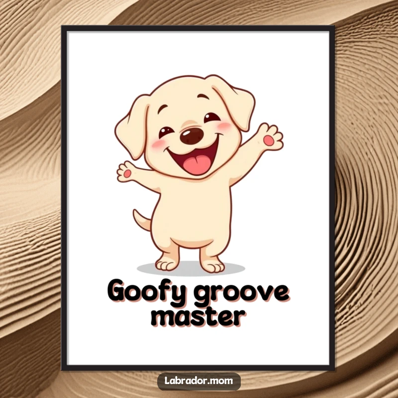 Funny Kawaii Labrador Digital Art Print, cute dog doing a silly dance with a goofy smile, printable wall art, humorous gift.