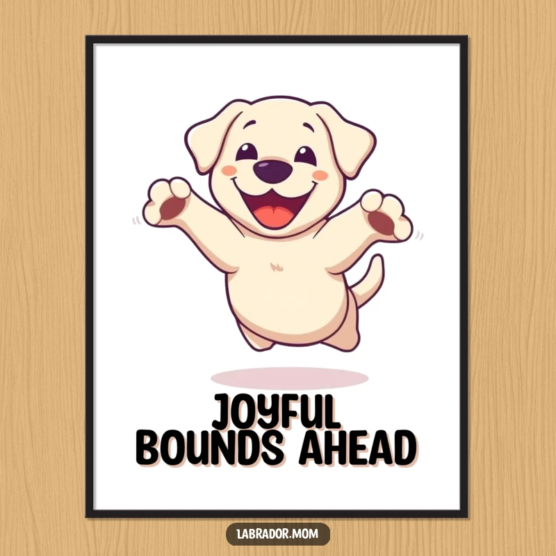 Funny Kawaii Labrador Digital Art Print, a high-resolution image of a dog leaping joyfully with paws outstretched, ready to be printed.