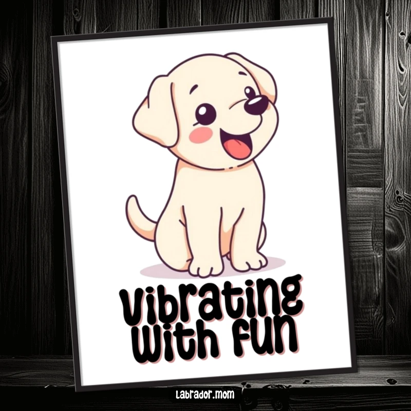 Funny kawaii Labrador wagging its tail so hard its whole body shakes with pure joy, high-resolution digital art print.
