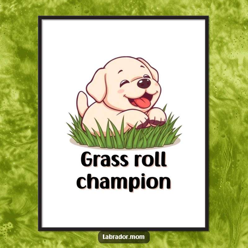 Funny Kawaii Labrador dog rolling in grass, playful, cute digital art print, happy decor, funny gift.