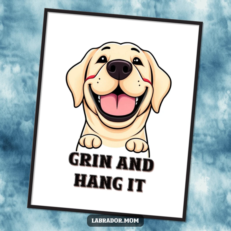Funny digital art print of a labrador's incredibly wide, ecstatic, and beaming grin, ready to be printed and displayed humorously.