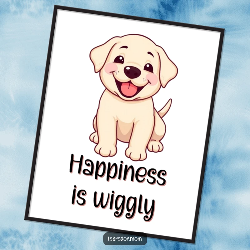 Funny smiling Labrador cub panting happily with a wagging tail, available as a high-resolution digital art print.