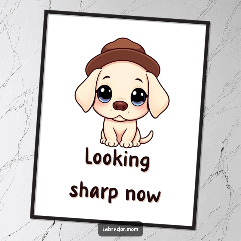 Funny Kawaii Labrador digital art print of a dog with big, innocent eyes balancing a hat, perfect for sweet, humorous decor.