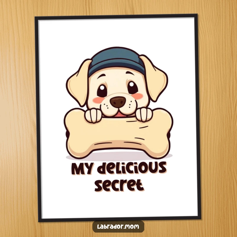 Funny Kawaii Labrador digital art print showing a cute dog peeking from behind a giant bone, ready for download.