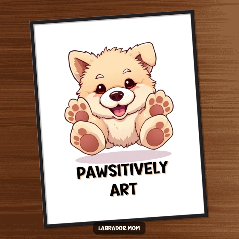 Funny Digital Art Print of a fluffy, happy dog with oversized paws playfully pouncing forward, capturing energetic cuteness instantly.
