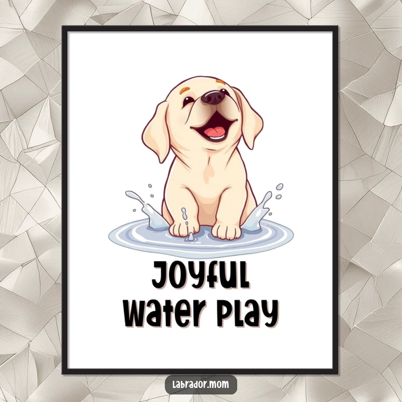 Funny digital art print of a labrador dog gleefully splashing in a puddle, ready to bring messy joy to any room.