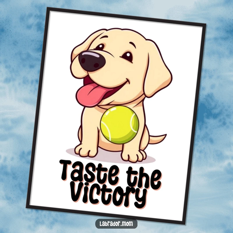 Funny Kawaii Labrador digital art print, a printable artwork of a happy panting dog holding a slobbery tennis ball, full of fun.