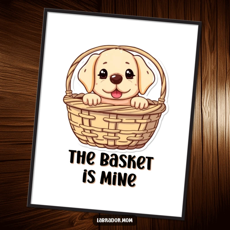 Funny kawaii Labrador digital art print of a cute dog peeking from a basket with a mischievous glint, offering playful and humorous decor.