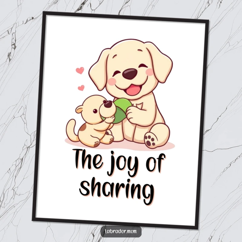Funny Kawaii labrador sharing a toy with a pal, illustrating the beauty of generosity in this downloadable digital art print.