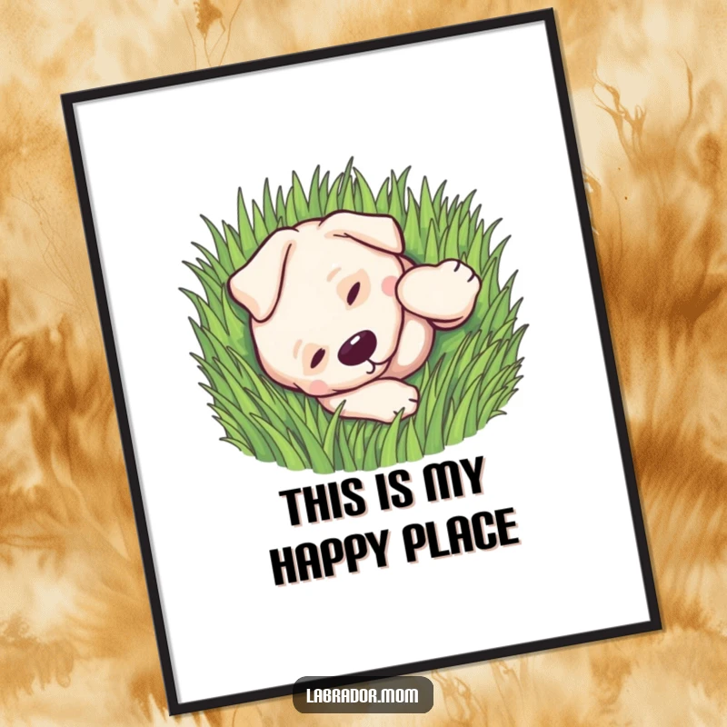 Funny kawaii Labrador rolling playfully in green grass in a digital art print, instant download.