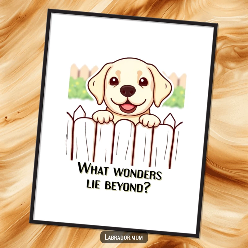 Funny kawaii Labrador peeking over a fence playfully in a digital art print, instant download.