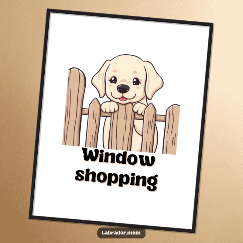 Funny kawaii Labrador peeking over a fence with friendly curiosity, high-resolution digital art print for instant decor.