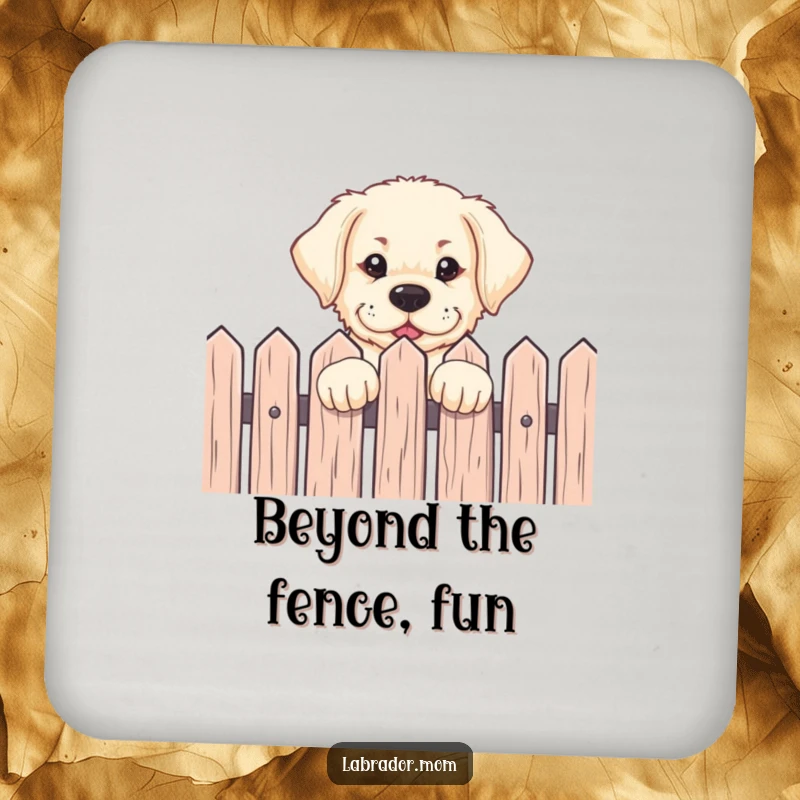 Funny Labrador pup peeking over a fence with an eager expression on a drink coaster, protecting surfaces with canine charm.