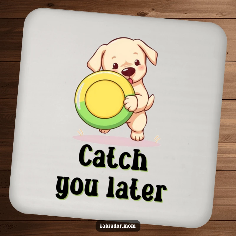 Funny Labrador puppy drink coasters set, showing a cute cub fetching a colorful Frisbee.
