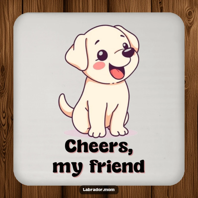 Funny kawaii Labrador wagging its tail so hard its whole body shakes with pure joy, a protective and humorous drink coaster.