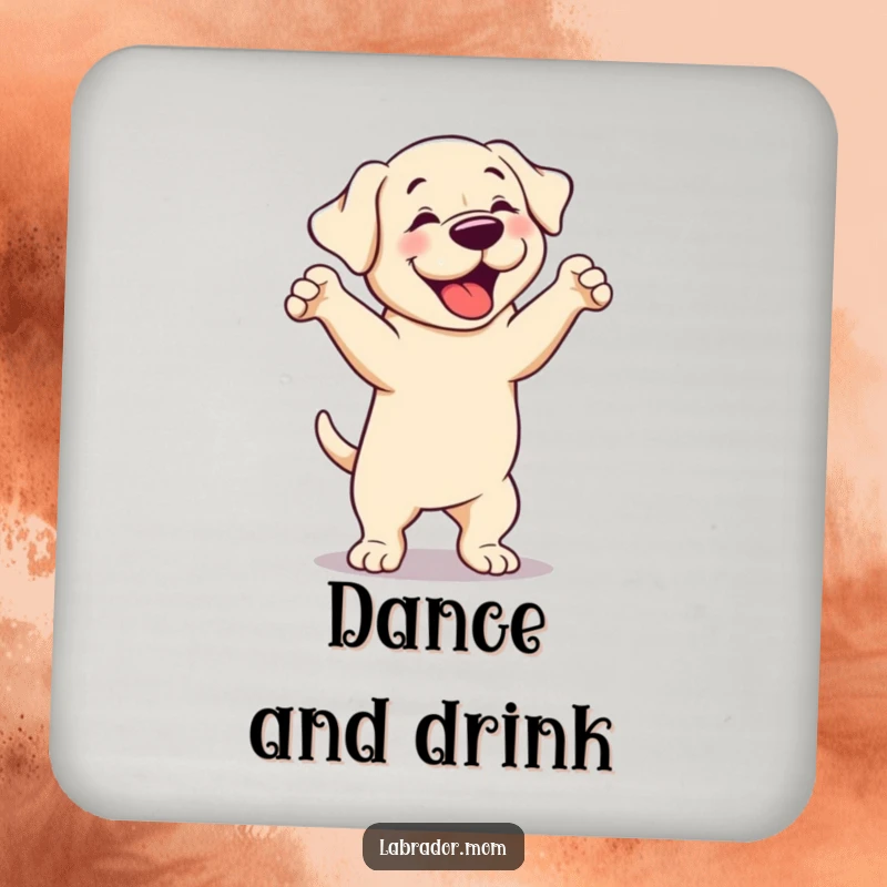 Funny cute Labrador dog drink coaster, illustrating a dog performing a silly dance, protecting surfaces with charm.