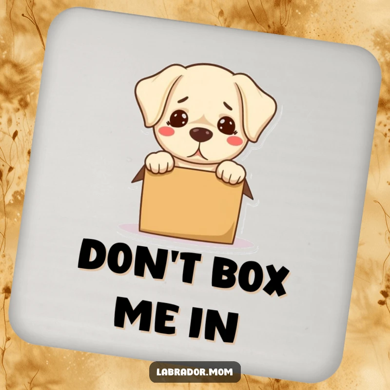 Funny Kawaii Labrador Coaster with a bewildered dog hilariously trying to fit into a box, offering humorous table protection.