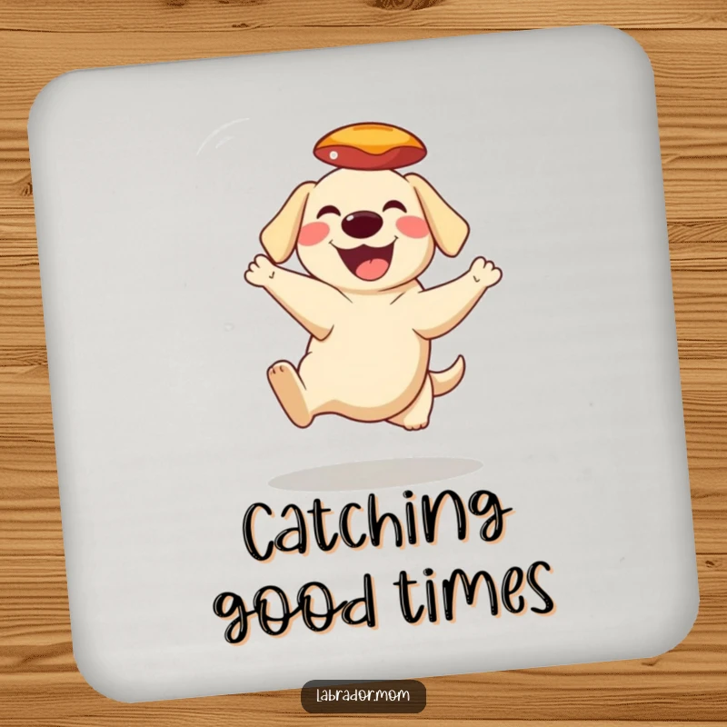 Funny Coaster depicting a grinning Labrador character catching a frisbee mid-air, adding a touch of playful protection.