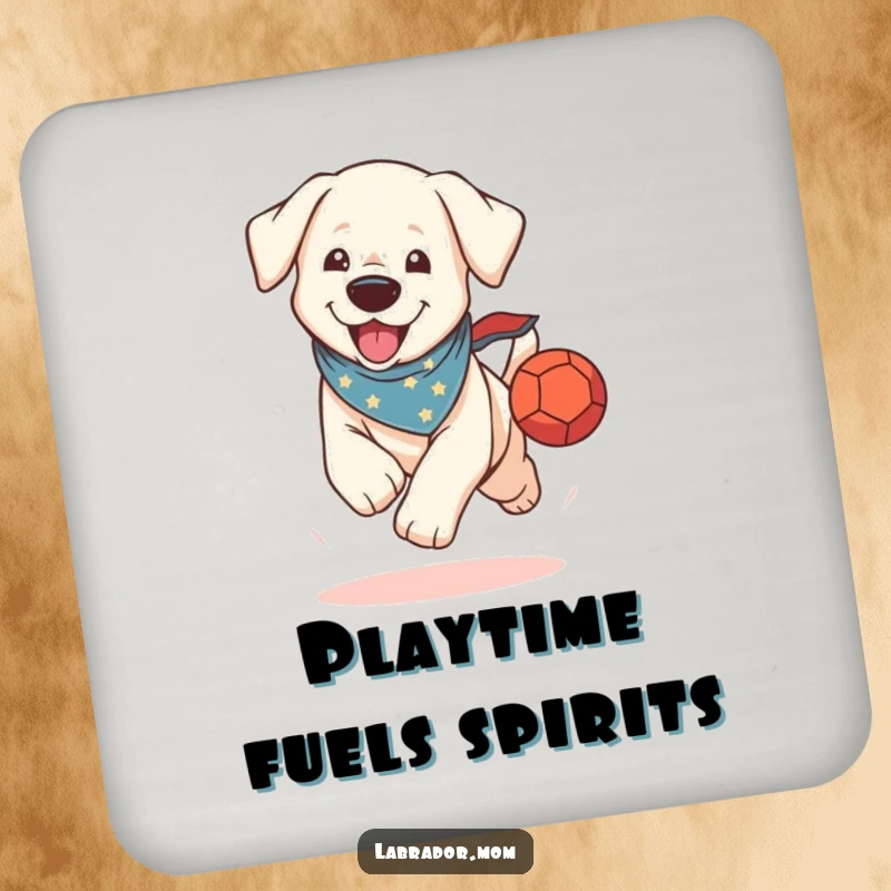 Funny Drink Coaster: A kawaii Labrador in a bandana runs with a ball, protecting surfaces with playful charm.