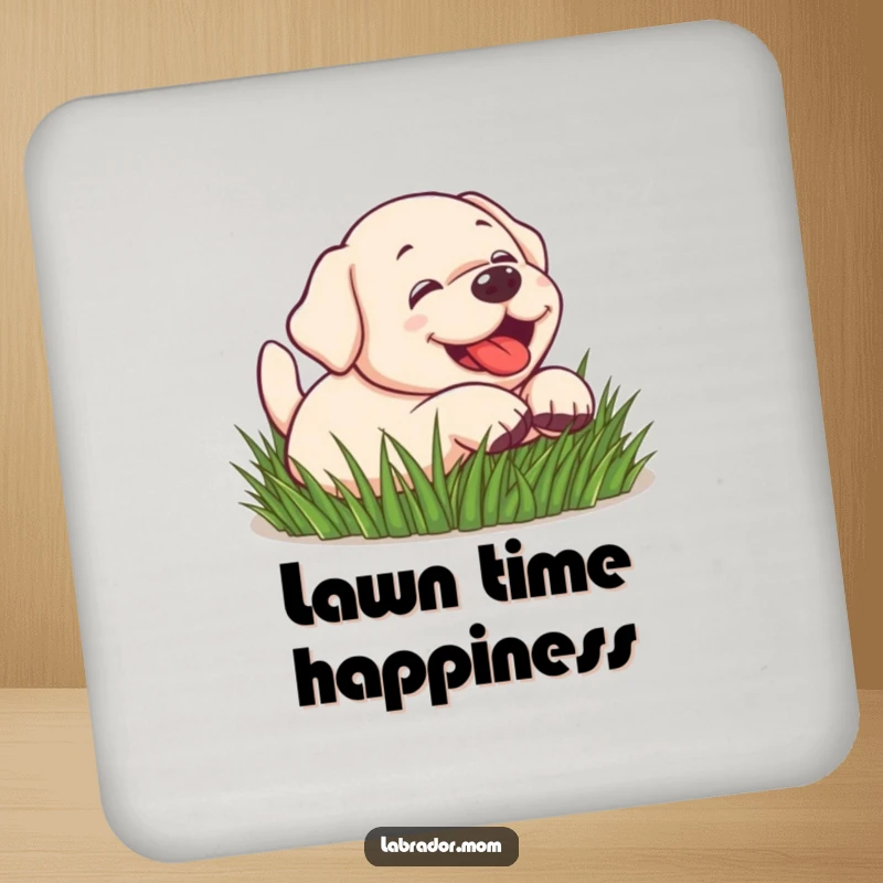 Funny Kawaii Labrador dog rolling in grass, playful, cute coaster, table decor, dog lover, funny gift.