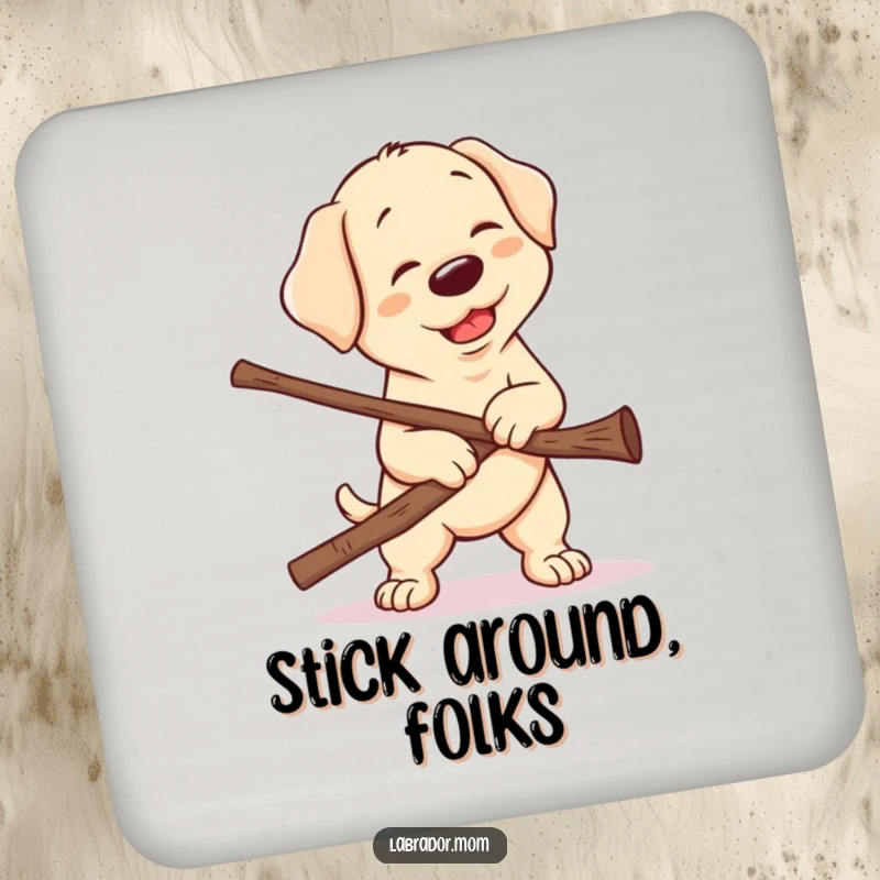 Funny Kawaii Labrador Coaster, a cute lab's humorous struggle with a huge stick, adding a touch of playful protection to tabletops