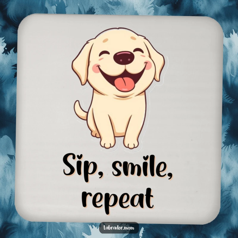 Funny kawaii Labrador coasters with a cute dog sporting a big grin and tongue out, adding humorous and cheerful protection to surfaces.
