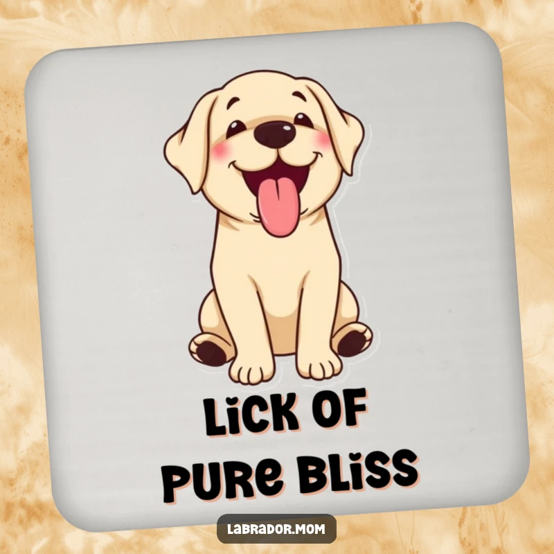 Funny kawaii Labrador happily panting with tongue out on a coaster, protecting surfaces with joy.