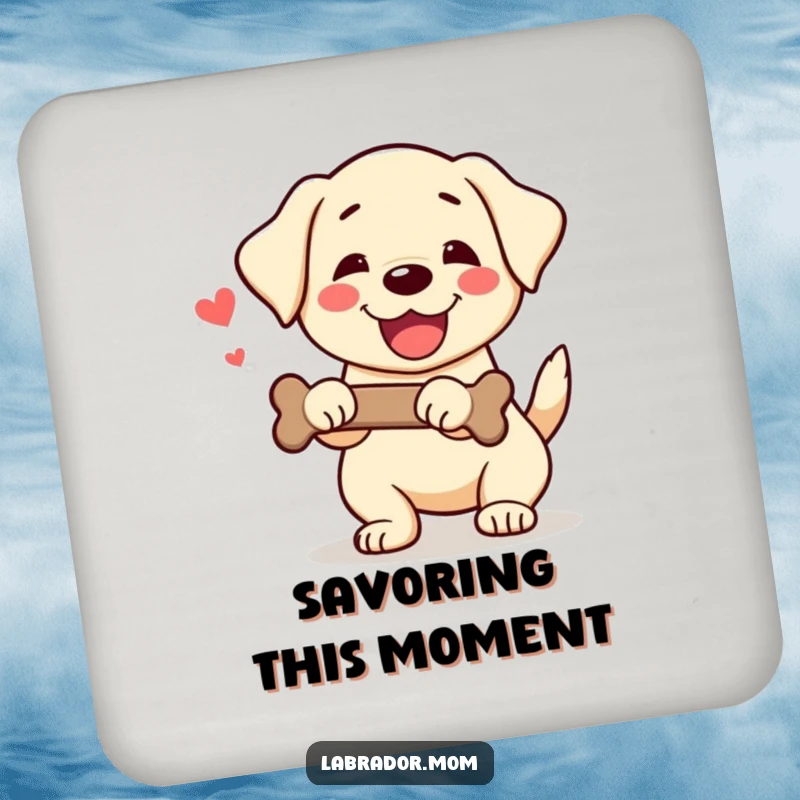 Funny Kawaii Labrador Coaster with a happy dog wagging its tail and holding a bone, offering humorous table protection.