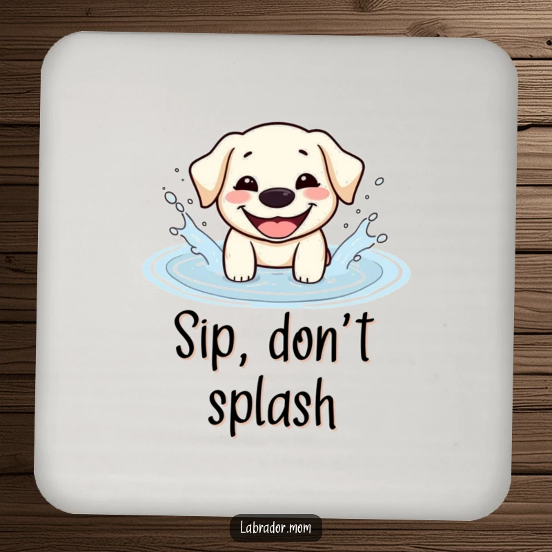 Funny Kawaii Labrador coaster depicting a happy dog splashing in a puddle, protecting surfaces with cheerful doggy humor.