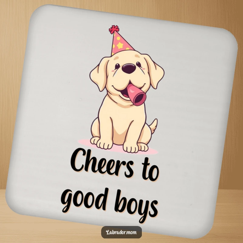 Funny Kawaii Labrador Coaster with a cute dog in party attire, offering humorous table protection.