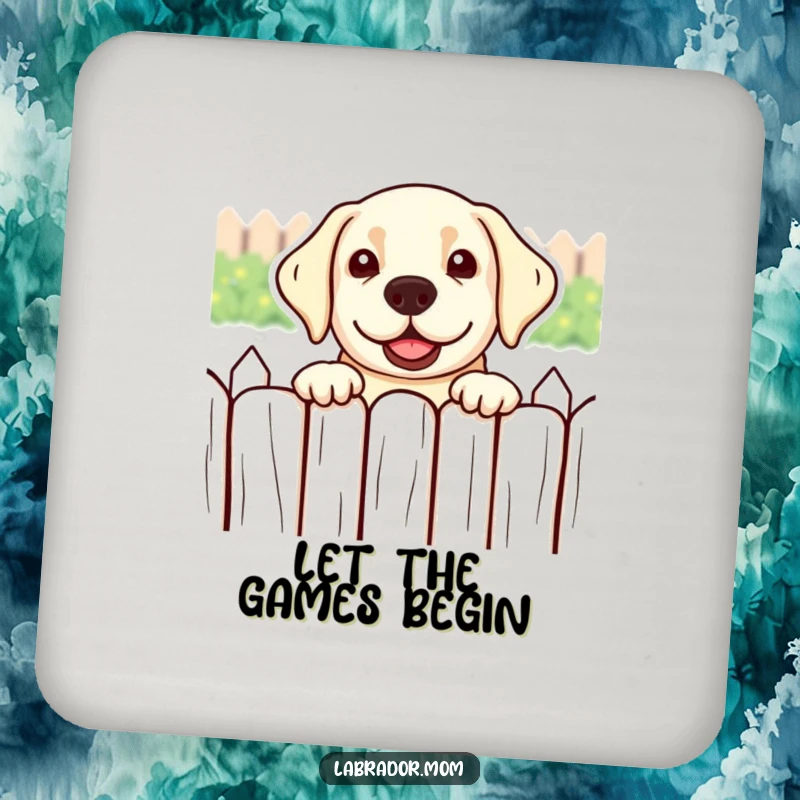 Funny kawaii Labrador peeking over a fence playfully on a coaster, protecting surfaces with charm.