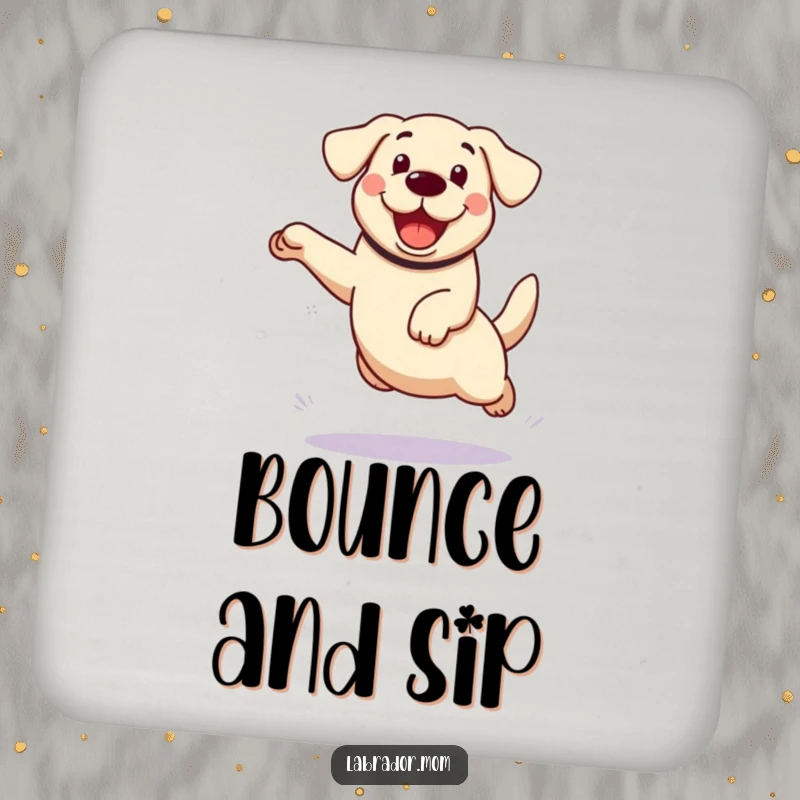 Funny kawaii Labrador dog drink coaster, featuring an enthusiastic leap, protecting surfaces with canine charm.
