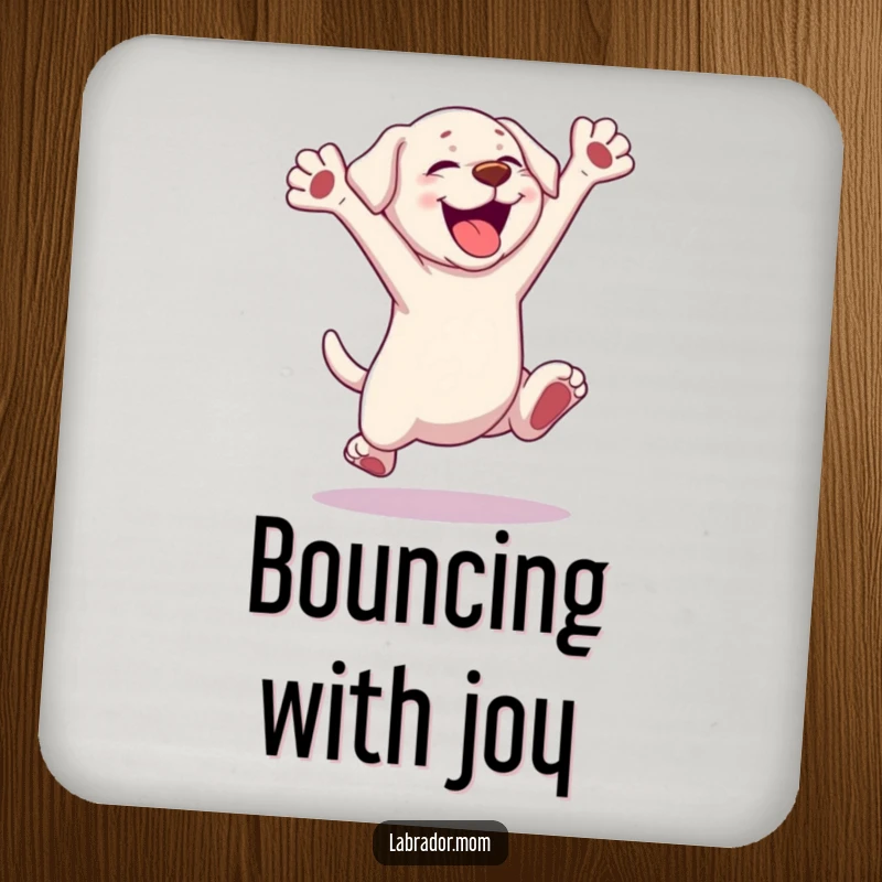 Funny Kawaii Labrador Drink Coaster, a cute dog leaping with excitement, protecting surfaces with humor, ideal small gift.