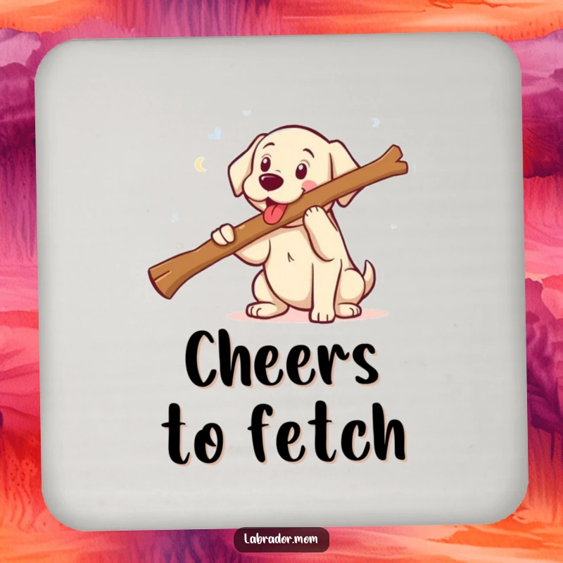 Funny kawaii Labrador fetching a comically large stick with a wide smile, a protective and humorous drink coaster.