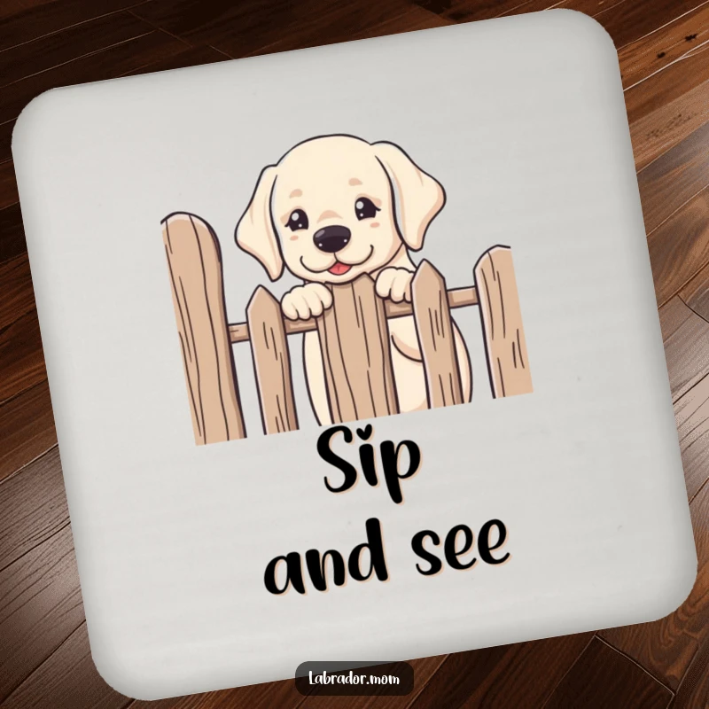 Funny kawaii Labrador peeking over a fence with friendly curiosity, a protective and humorous drink coaster.