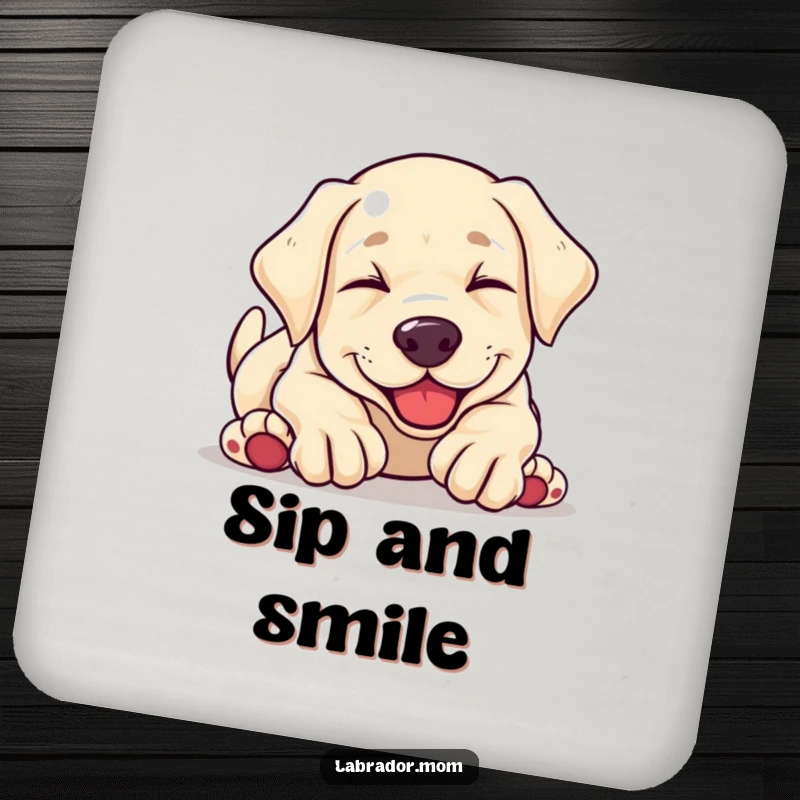 Funny kawaii Labrador puppy tumbling head over paws in intense glee, a protective and humorous drink coaster for parties and everyday use.