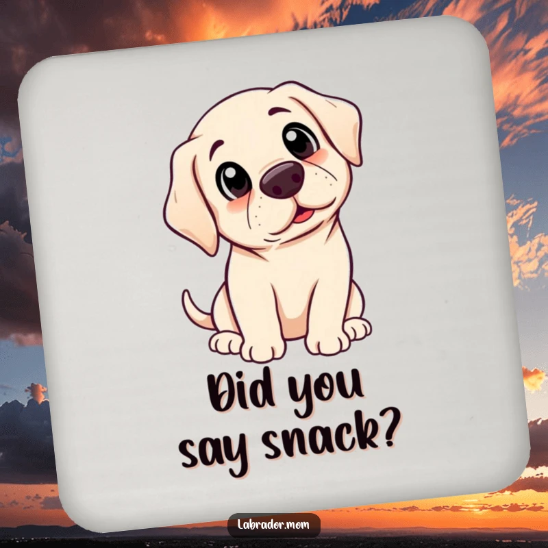 Funny Kawaii Labrador drink coaster featuring a cute dog looking surprised, protecting surfaces with humor.