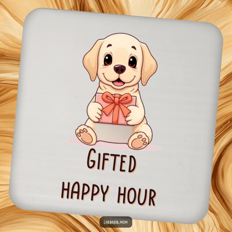 Funny Labrador coasters featuring a dog presenting a perfectly wrapped gift, protecting surfaces, a funny gift.