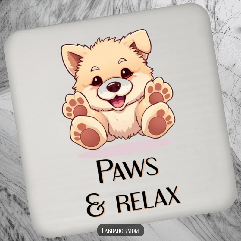 Funny Coaster depicting a fluffy, happy dog with oversized paws playfully pouncing forward, guarding your drinks with humor.
