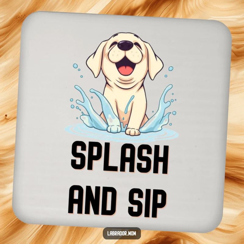 Funny Coaster depicting a joyful, animated Labrador splashing water with happy abandon, adding a cheerful touch.