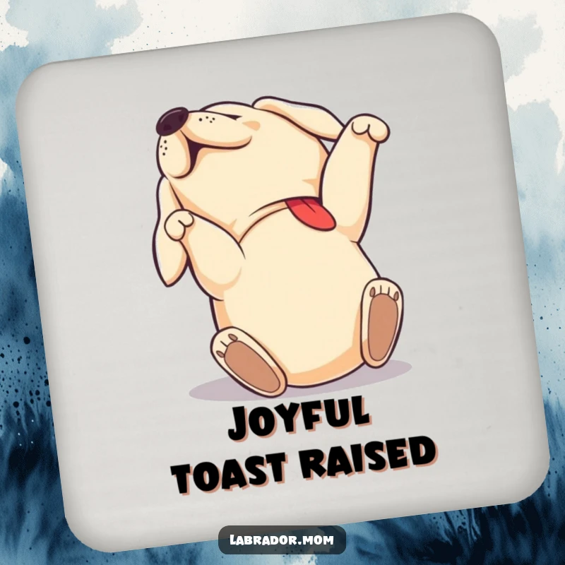 Funny Labrador coasters featuring a dog rolling on its back with pure joy, protecting surfaces, a funny gift.
