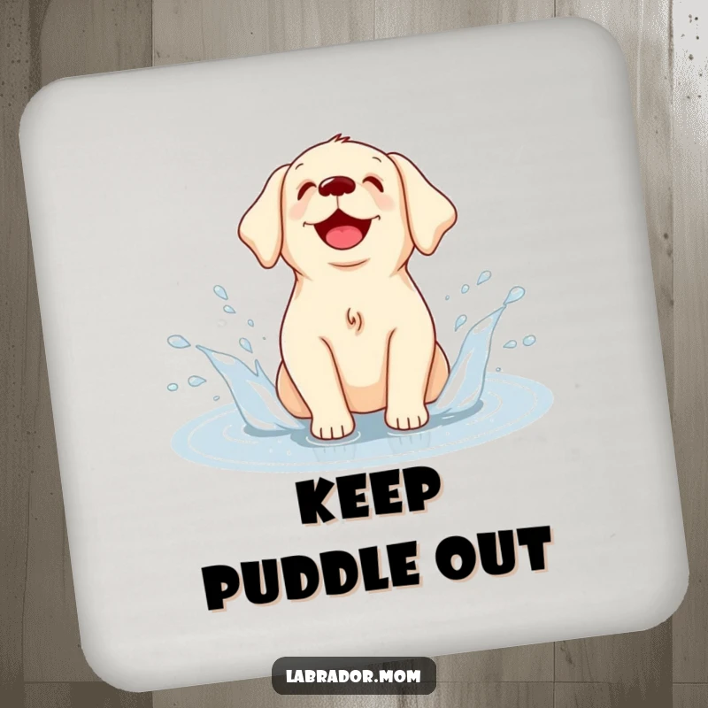 Funny Kawaii Labrador coasters, a set of drink coasters with a happy dog joyfully splashing in a puddle, adding charm.