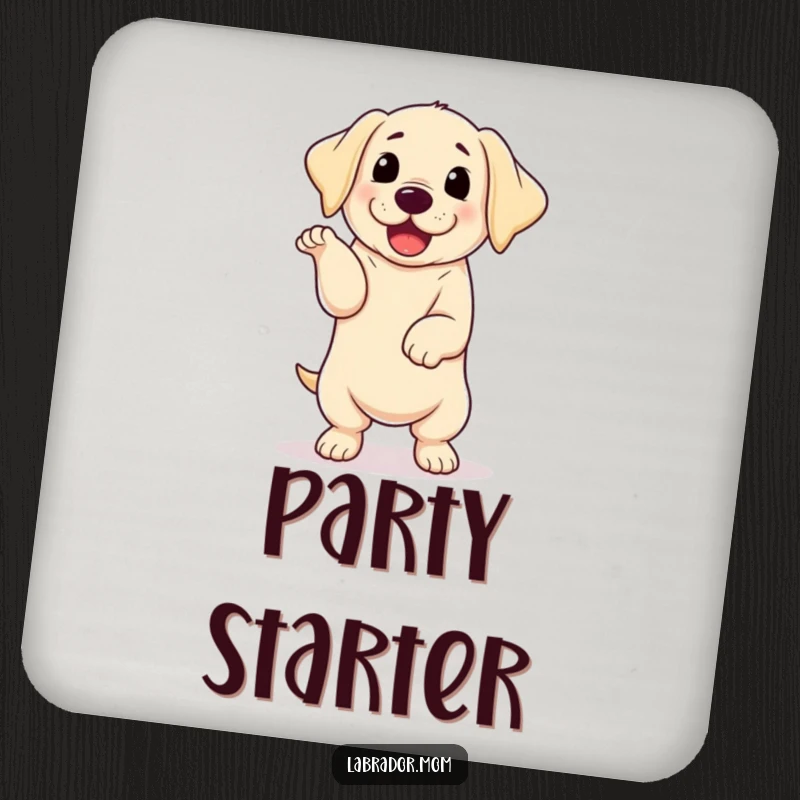 Funny kawaii Labrador with floppy ears doing an energetic happy dance, a protective and humorous drink coaster.