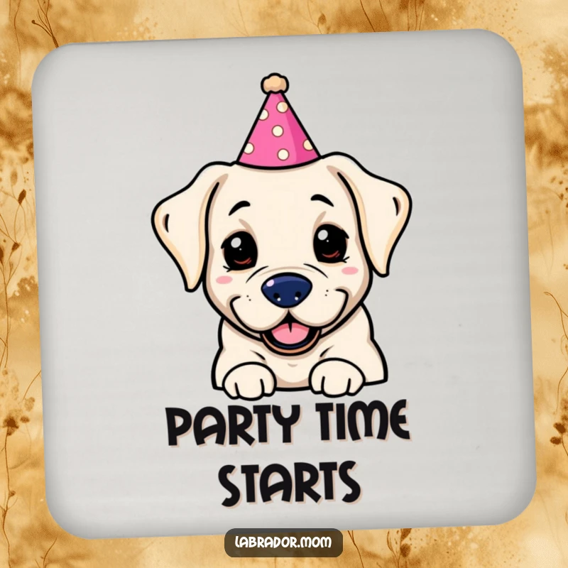 Funny Kawaii labrador wearing a silly party hat, adding a festive touch to drinks on these protective and humorous coasters.