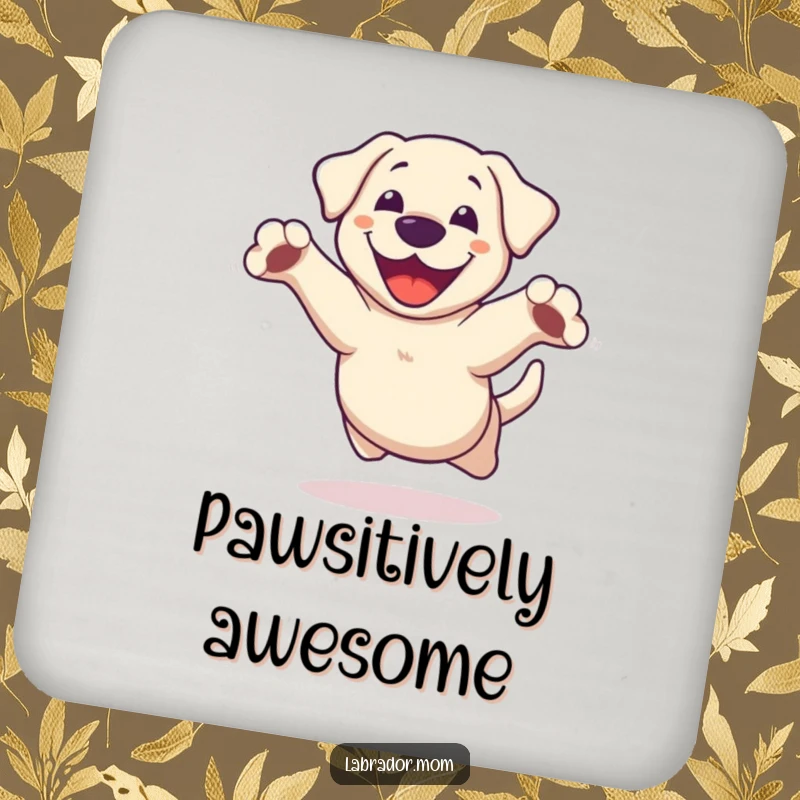 Funny Kawaii Labrador Drink Coaster, a happy dog mid-leap with paws outstretched, adding a splash of fun to tabletops.