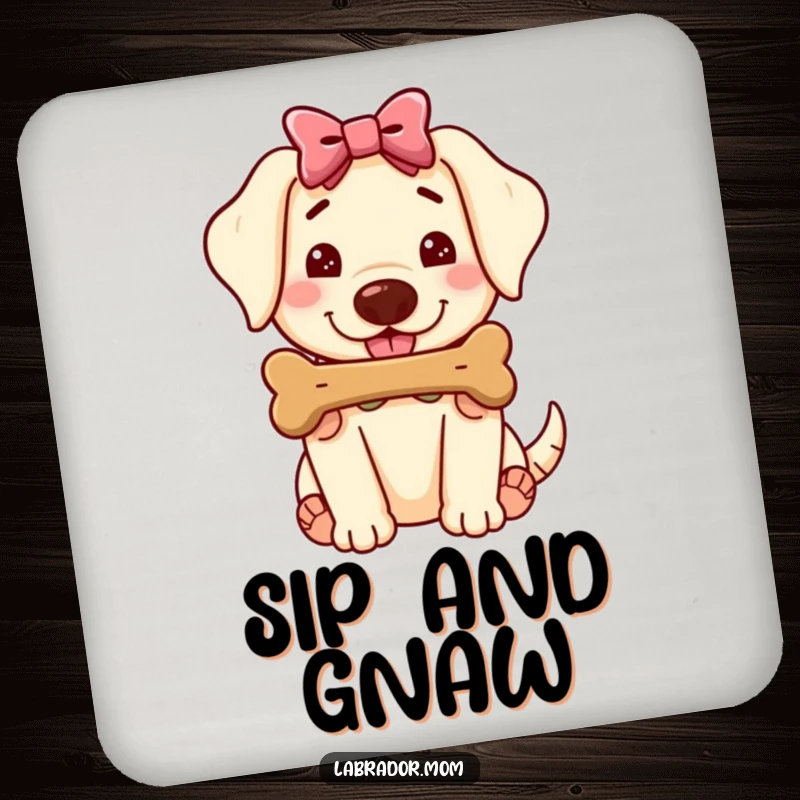 Funny Kawaii Labrador Drink Coaster, cute dog with bow offering a juicy bone, protecting surfaces with humor, ideal gift.