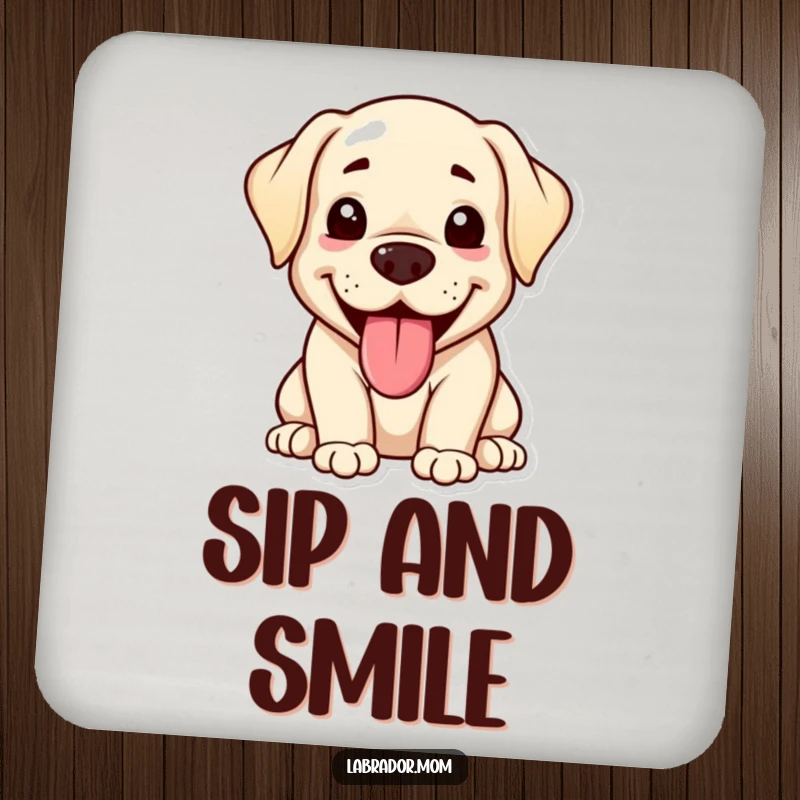 Funny kawaii Labrador coaster featuring a happy, panting dog with its tongue out, adding adorable and hilarious flair while protecting surfaces.