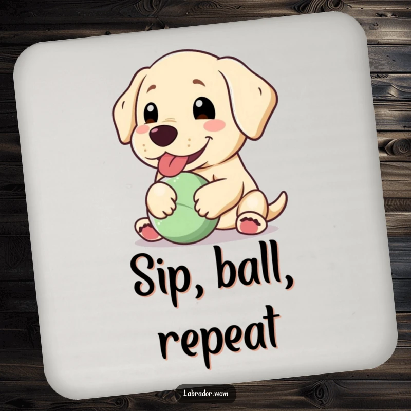 Funny Kawaii Labrador coaster, a happy dog panting with a floppy ear, holding a ball, adding cheer and protection.